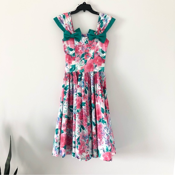 Vintage 80’s Leslie Lucks Bright Floral Print Full Skirt Dress w/ Bows - Picture 8 of 16